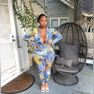 Two piece denim and chain print set